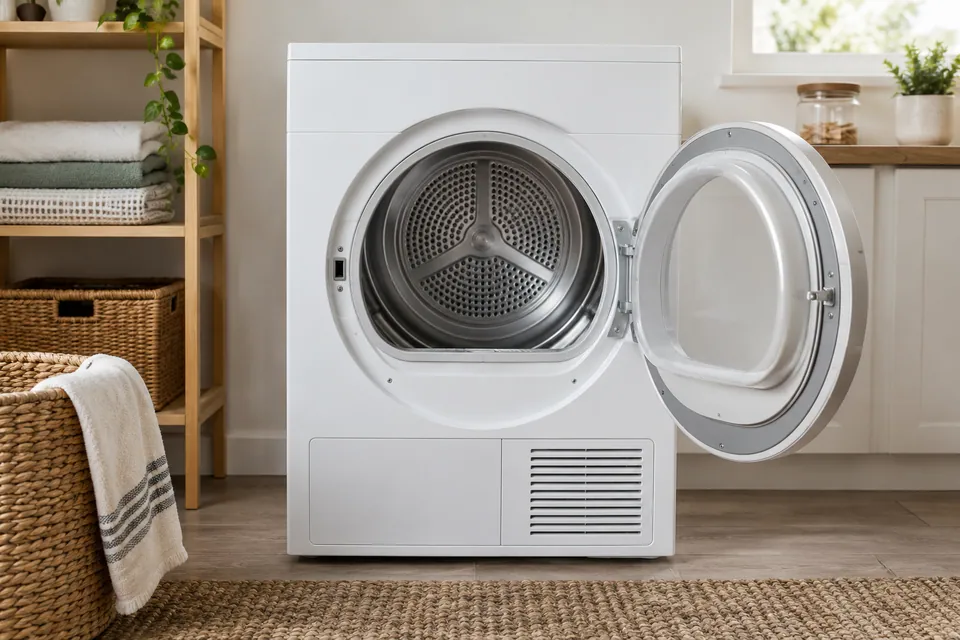 Sèche-linge blanc ouvert dans une buanderie