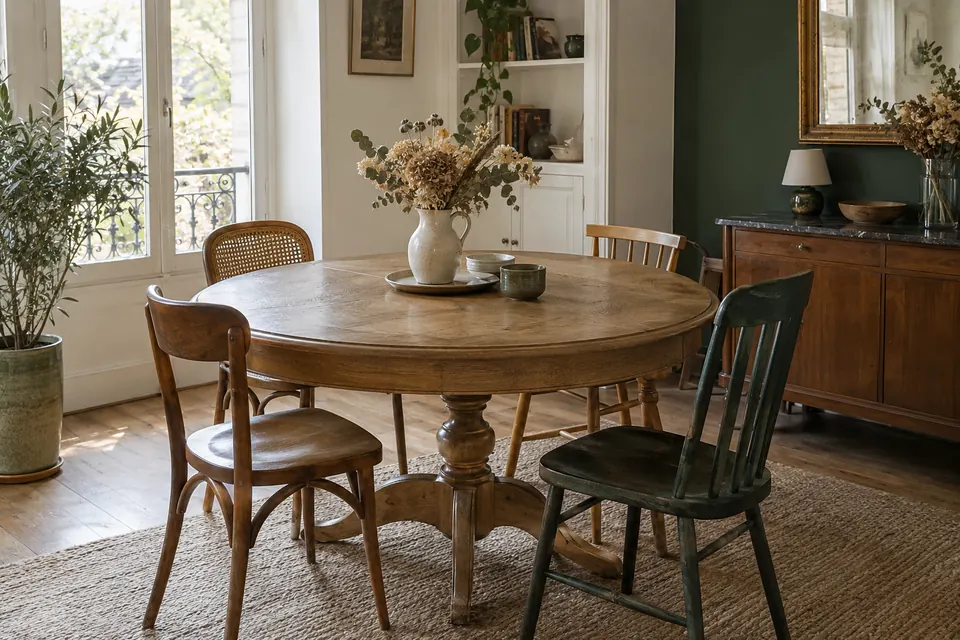 Table ronde en bois et chaises dépareillées