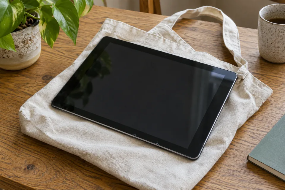 Tablette posée sur un sac en toile