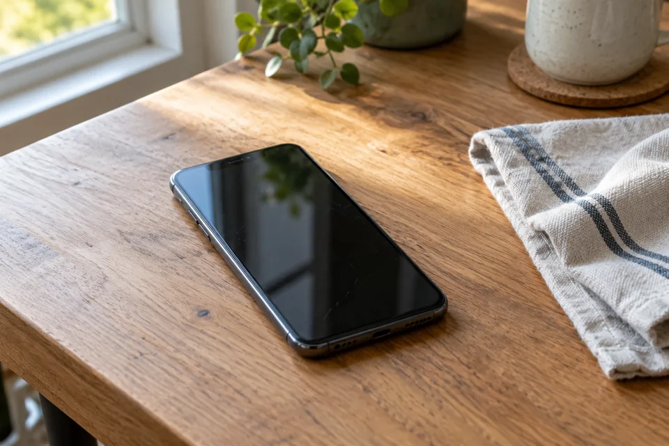 Téléphone mobile posé sur une table en bois