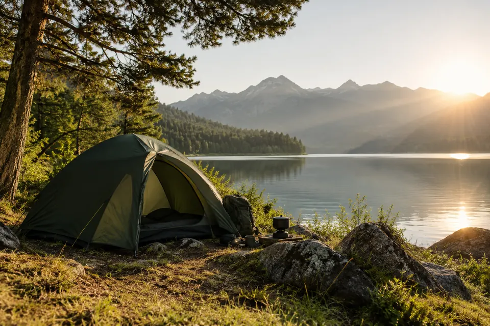 Tente verte au bord d’un lac