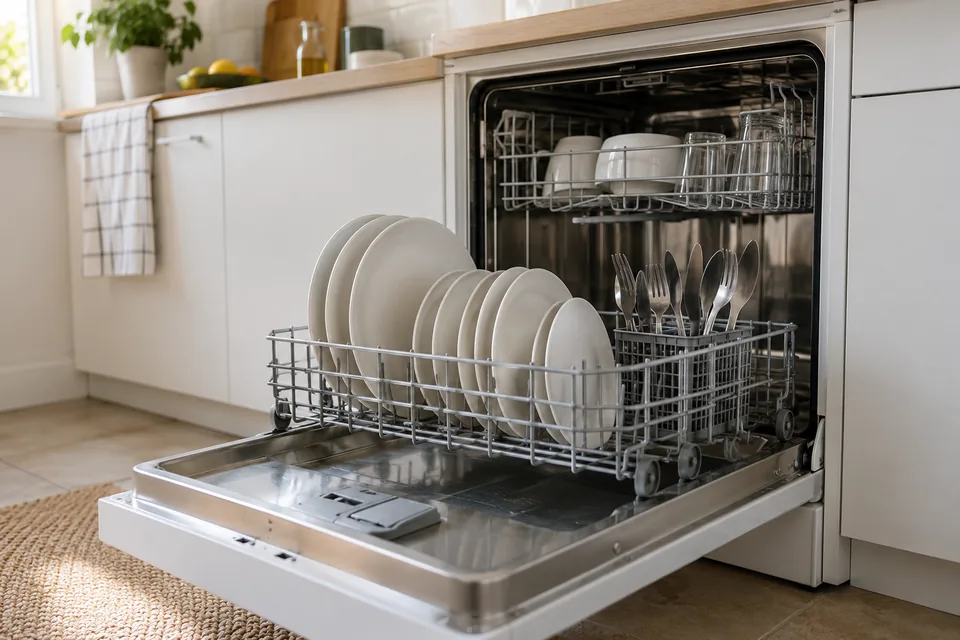 Lave-vaisselle ouvert avec des assiettes dans son panier