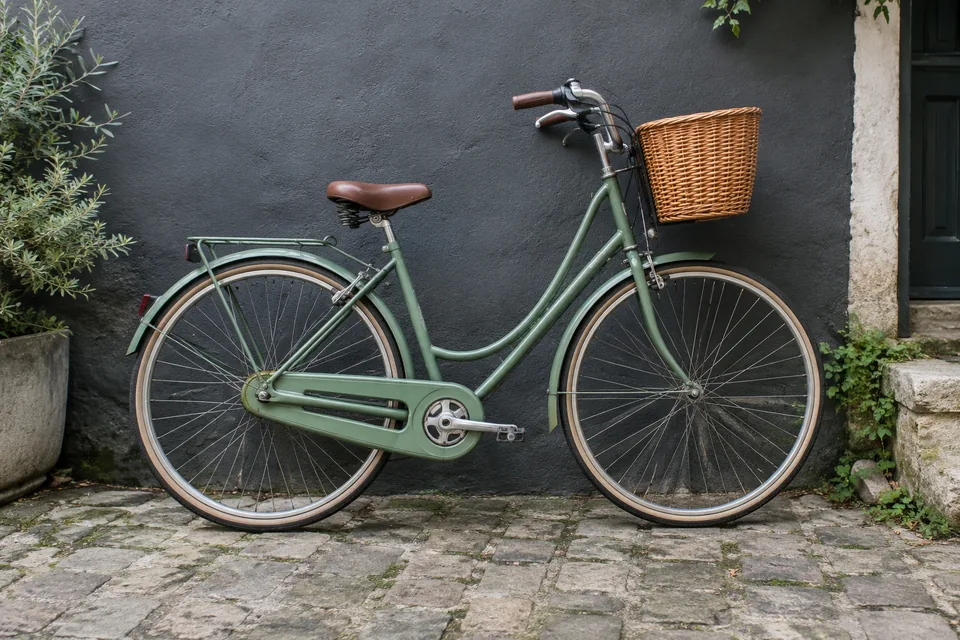 Vélo de ville vert posé contre un mur sombre
