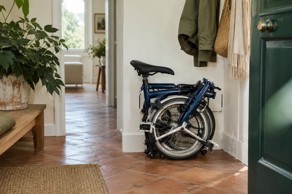 Vélo pliant bleu replié dans une entrée