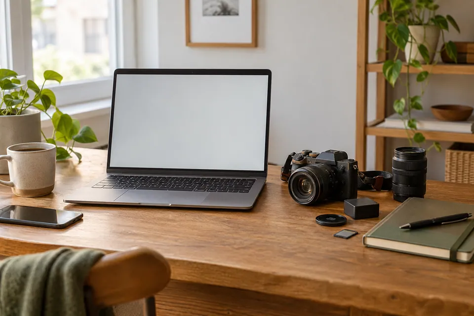 Ordinateur et appareil photo sur un bureau pour préparer une annonce