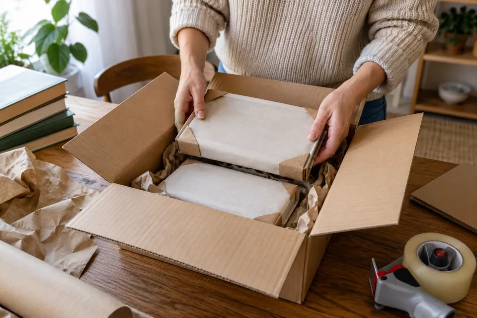 Livres protégés dans un carton avec du papier de calage