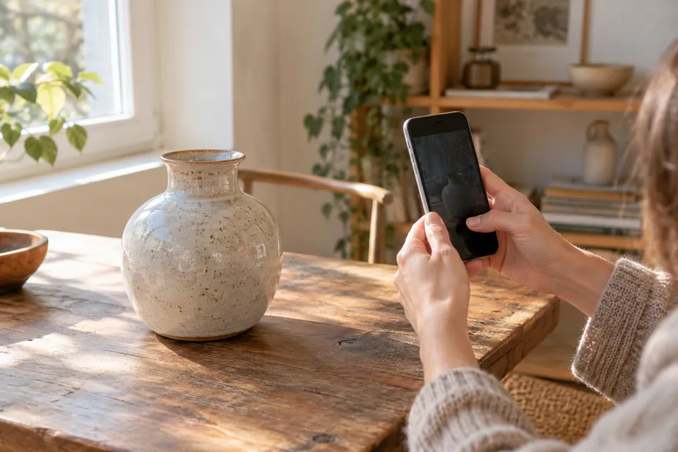 Mains photographiant un vase avec un téléphone près d’une fenêtre