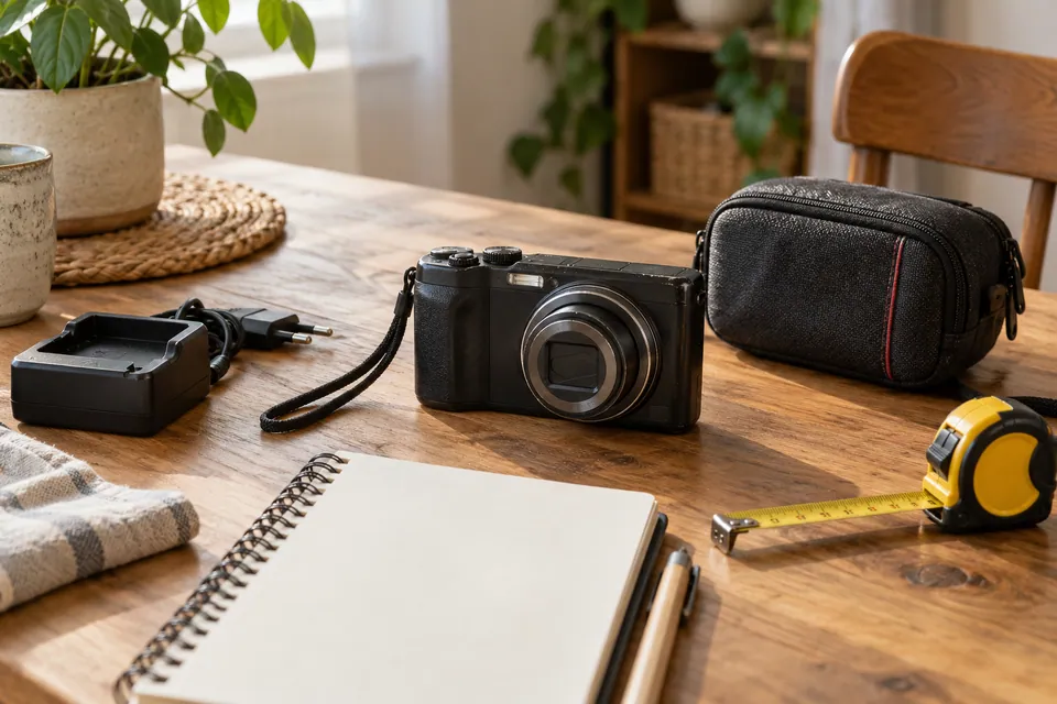 Appareil photo, chargeur, pochette et carnet disposés pour préparer une vente