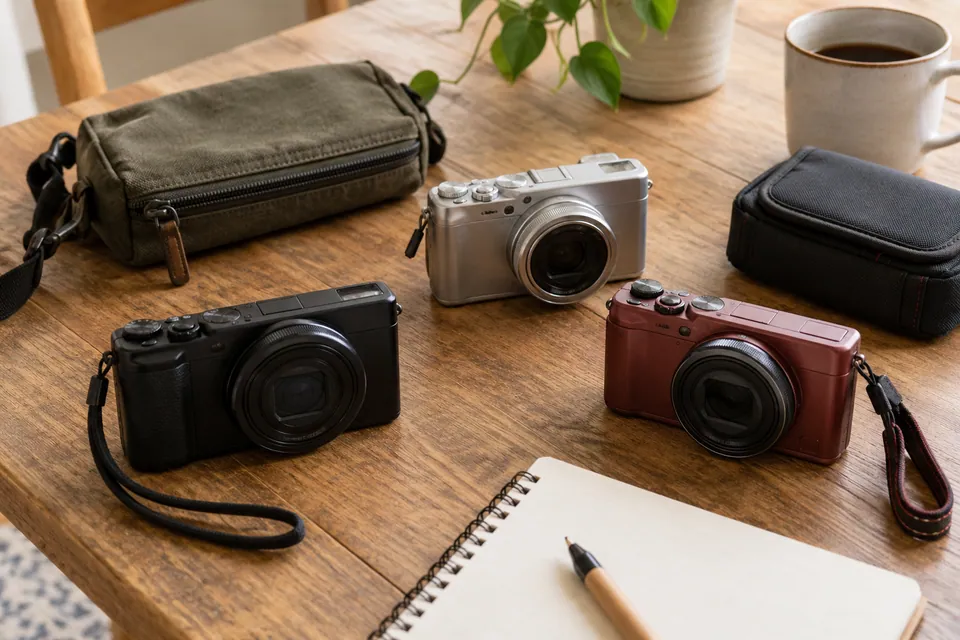 Trois appareils photo disposés pour comparer des exemplaires d’occasion