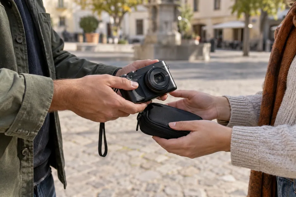 Deux personnes se remettant un appareil photo et sa pochette sur une place