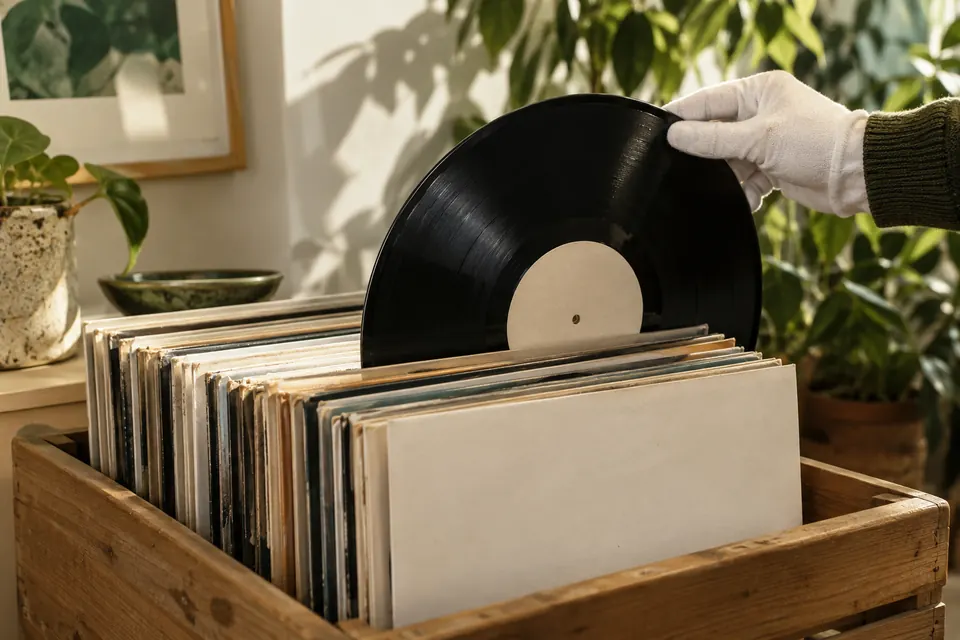 Disques vinyles rangés dans un bac en bois